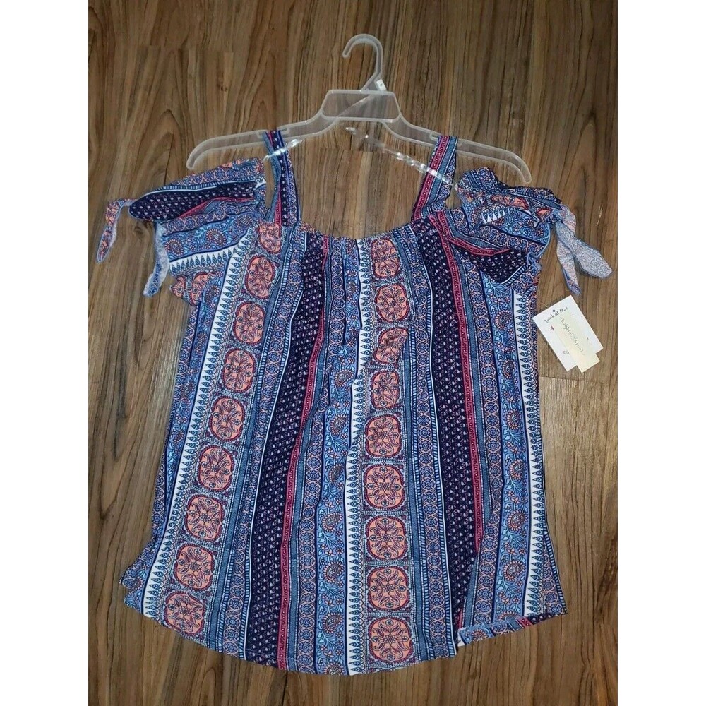 NWT Bobbie Brooks PLUS SIZE 1X Off The Shoulder Top Blue Multi Colored Pattern